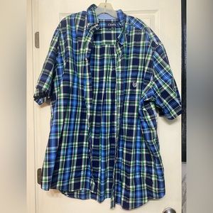 Blue and white and green plaid button down shirt